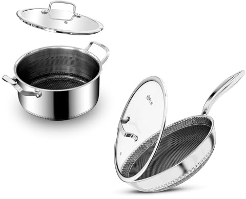 Set Acier Inox Hybride Robuste – Casserole 24 cm (5 L) + Poêle 30 cm (6 L) – Finition Dur, Cuisson Saine
