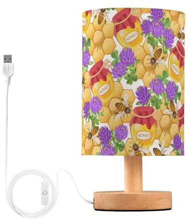 Mnsruu Lampe de chevet en pots de miel avec couvercle d'abeilles, lampe de table de chevet LED, lampe de bureau avec ports de charge USB, abat-jour en tissu de lin pour chambre à coucher, salon,