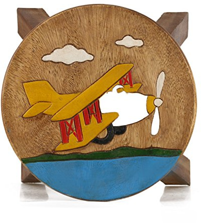 Tokoindah Kinderhocker Holz Massiv - Handgefertigter Kinderstuhl mit eingeschitztem Flugzeug Motiv, Runder Schemel für Kinder;