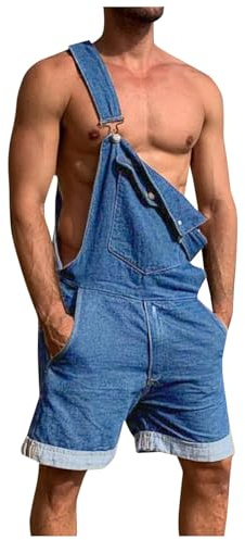Salopette Jeans Uomo, Salopette Corta da Uomo, in Jeans, retrò, in Denim,Taglio Largo, in Denim, con Bretelle, Blu Jeans Corti Tuta da Uomo in Denim Abbigliamento da Lavoro,