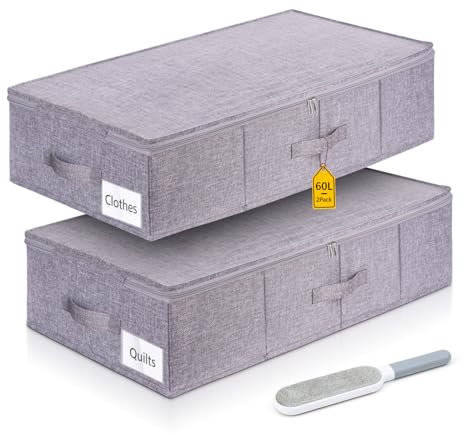 2Pack Under Bed Storage Box with Lid, 60L Large Underbed Storage, Foldable Reinforced Fabric Design Clothes Storage Bags with Zips & Handle, Come with Lint Brush