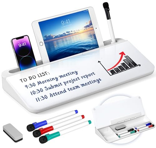Nicpro Glass Desktop Whiteboard with Storage, Small Dry Erase Board with 4 Pens, Eraser, Computer Keyboard Stand Desk Organizer White Board for Notes Reminder Home Office Accessories Supplies, 40x18cm