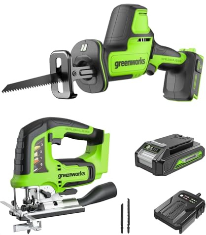 Greenworks 24 V sladdlös sticksåg och universell sladdlös såg, 26 mm lyfthöjd borstlös inkl. sågblad, 2Ah batteri och laddare