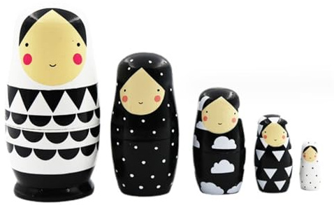 SunaOmni Russische Puppen, 5 Stück, hölzerne russische Matrjoschka-Puppen, süße schwarz-weiße Matrjoschka- für Kinder und Erwachsene, wasserdichte stapelbare Matroschka-Puppe für Ostern, Muttertag