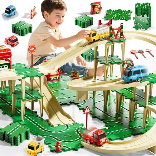 KIZONLY Puzzle Racer Kids Car Track Set, 4-Tier Race Tracks for Kids Ages 3-5 with 3 Cars, Traffic Parts, Trucks for Toddlers 2-4 Years, Floor Puzzle Tracks Car Gift for Boys Girls 3 4 5 Year Old