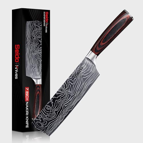 Seido Knives Master 7 Inch Nakiri Knife – High Carbon Stainless Steel Damascus Pattern Blade Full-Tang Balance Ergonomic Pakkawood Handle