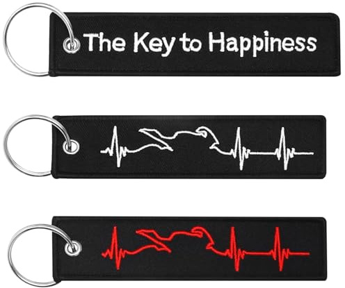HENGBIRD 3 Pcs Schlüsselanhänger Personalisiert Motorrad – Bestickt & Kratzfest – Bestickt mit The Key To Happiness, Rotem Herzschlag & Weißem Ekg – Schlüsselanhänger Motorrad für Auto Moped Biker