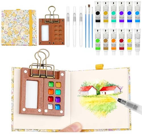 AOOTE Set de Mini Acuarelas Portátil,Paleta de Pintura de Acuarela de 12 Colores,Juego de Acuarela de Viaje de Madera de 8 Rejillas con Clip de Metal,Cuaderno de Bocetos,Pluma de Acuarela,Pintura