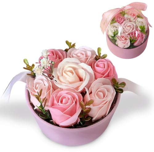 Ramo de jabón con caja redonda, rosas hechas a mano, rosas eternas en caja de rosas, para madre, novia, esposa, abuela, aniversario, confesión, día de San Valentín, cumpleaños, Navidad, día de la