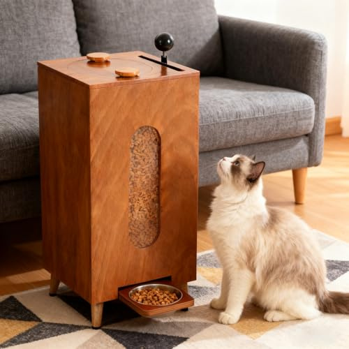 Cat Food Dispenser, pet feeder for Dry Food/Freeze-Dried Snacks 9-10kg Capacity, Solid Wood Plywood with Glass Window Fits Small Apartments to Mansions(Low leg)