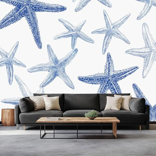 Azul-Nieve Fondo de Pantalla Panorámica 3d, Bohemio Dibujado Mano Estrella Mar Minimalista Fotomurales Mural 250 x 175 cm (An x Al) – Decoración de Pared Para Sala Cuarto Oficina y Salón