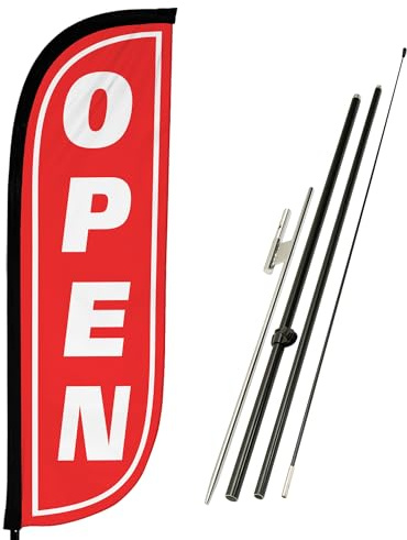 LookOurWay Feather Flag Pole Kit - 7 Feet Tall Advertising Banner with Fiberglass Pole Set and Ground Spike for Business Promotion - Open Flags - Open Red & White