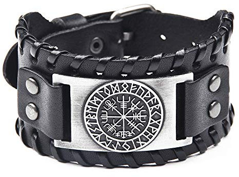 Juland Herren Retro Breites Metall Schwarz Herren Lederarmband Punk Style Lederarmband Pirat Armbänder Breiter Gürtel Manschette Armreif Rock Wrap für Männer Junge Einstellbar - Schwarz