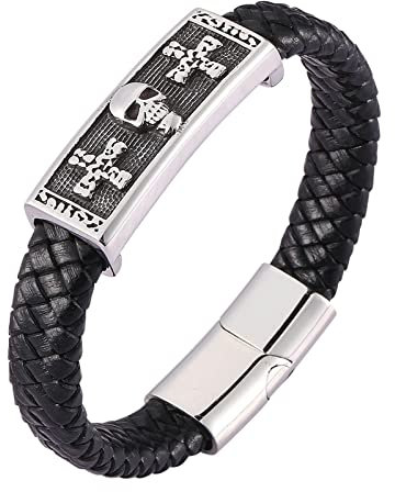 Ayoiow Männer Armband Indianer, Armbänder Männer Edelstahl Armband Leder Geflochten Schwarz Flechtarmband mit Totenkopf Kreuz