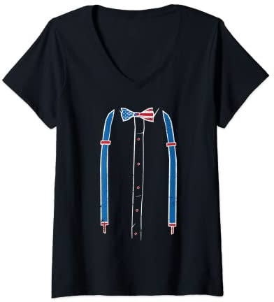 Damen Kummerbund Fliege Hosenträger USA Flagge Smoking Kostüm T-Shirt mit V-Ausschnitt