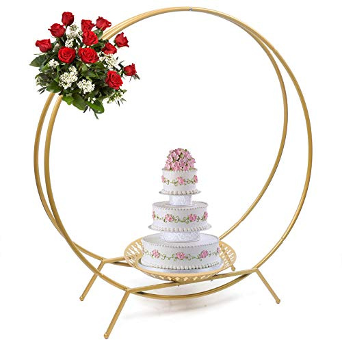 80cm Gold Metal Double Hoop Cake Stand Round Holder Food Presentation Stand Arch Circle Flower Stand Floral Hoop Wedding Decor for Wedding Party Birthday Anniversary Party with 33 cm Plate Tray