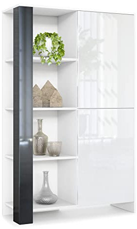 Vladon Highboard Canto, Made in Germany, hoher Schrank mit 2 Türen und 8 Fächern, Korpus Weiß matt, Fronten Weiß Hochglanz, Dekor-Paneele Schwarz Hochglanz (95 x 151,5 x 36 cm)