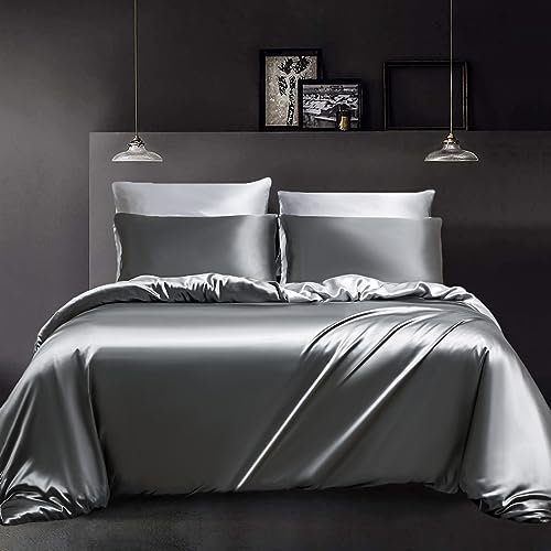 YASMENG Ropa de cama de satén de 135 x 200 cm, 4 piezas, color gris, gris oscuro, gris claro, moderno, lujoso, sabanas con cremallera, ropa de cama reversible y 2 fundas de almohada de 80 x 80 cm