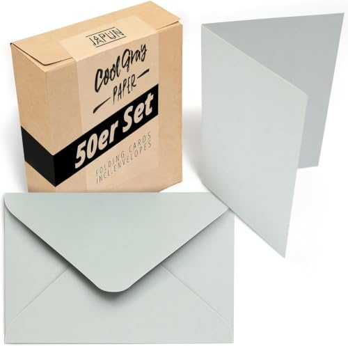 Japun - 50er Set Falt-Karten und Briefumschläge, DIN A6 / C6, grau | Blanko Klapp-Karten aus 230 g/m² Papier zum Beschriften und Bedrucken, Umschläge aus 120 g/m² mit Nassklebung, ohne Fenster