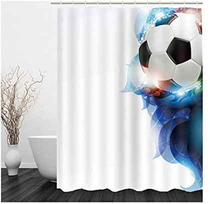 Whoiy Badewannenvorhang Schwarz, Duschvorhang für Badewanne Über Eck 165X200cm Polyester Shower Curtains Fußball Weiß Blaugrau Waschbar Wasserdicht