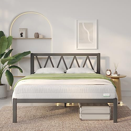 Novilla Bettgestell 140 x 200 cm, Bettrahmen mit Lattenrost, Bettgestelle mit Kopfteil-Design, Doppelbettgestell, Stauraum unter dem Bett, Schwarz