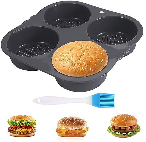 Moldes para panecillos de hamburguesa, molde perforado antiadherente para hamburguesas, bandeja redonda para hornear con cepillo de aceite azul, molde de silicona para hornear panecillos caseros (4