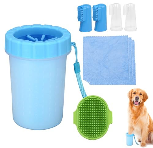 9 Pcs Pfotenreiniger für Hunde Set, 1 Hundepfoten Reiniger mit 1 Bürste für die Massage im Bad und 3 Handtücher und 4 Zahnbürsten, Hunde Pfotenreiniger
