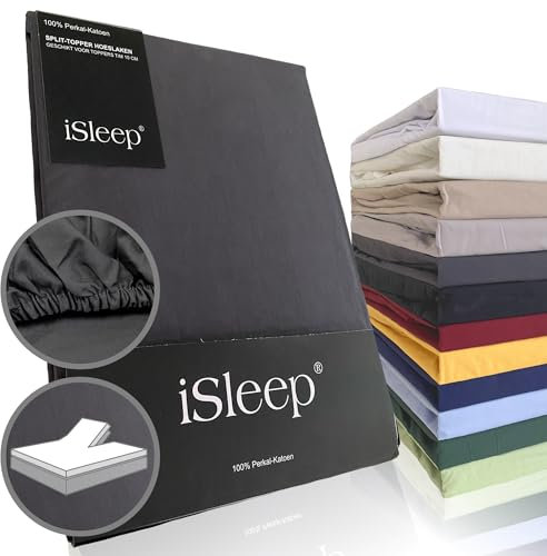 iSleep Split Topper Spannbettlaken Perkal 100% Baumwolle (Anthrazit, 180x200 cm)