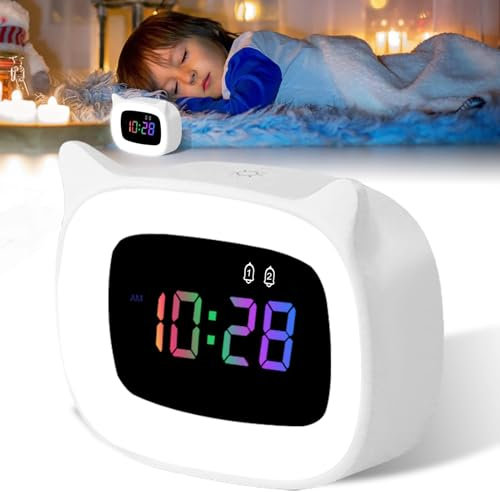 Digitaler Kinderwecker mit Nachtlicht, Wecker Kinder Mädchen, Dual-Wecker, LED Display, Kinderwecker Wecker mit Snooze Funktion 18 Musik Klingeltöne 5 Helligkeitsmodus 12/24 Stunden USB-Aufladung