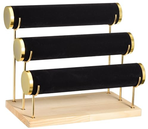 sourcing map Detachable Bracelet Holder Watch Stand, 3 Tier Wooden Elegant Gilt-edging Bracelet Display Stand - Velvet Watch Tower Black