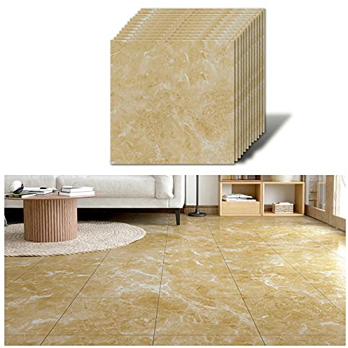 VEELIKE PVC Bodenbelag Marmor Gelb Vinylboden Selbstklebend Bodenfliesen Gold Marmor Vinyl Fliesen Klebefliesen Bad Boden PVC Fliesen Garage Badezimmer Fliesenaufkleber Boden 1.5mm 30cm×30cm 12 Stück