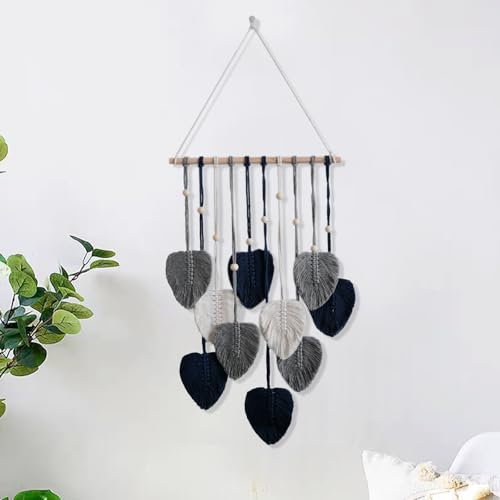 HNLMZ Tapiz de pared de macramé, hecho a mano, estilo bohemio, tapiz de macramé tejido con perlas de madera y hojas para salón, dormitorio, boda, decoración navideña (gris)
