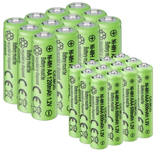 CICMOD Piles Rechargeables Ni-MH, Lot de 24 Batterie Rechargeable AA et AAA, 12Pcs AA 1200mAh et 12Pcs AAA 600mAh 1.2V pour Produits Solaires, électroniques Quotidiens