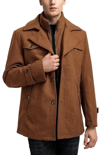Sukany Men's Casual Wool Blend Trench Coat Warm Layered Collar Single Breasted Pea Coat with Detachable Zip Business Jacket Brown L