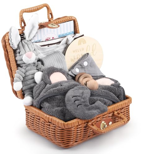 Windeltorte Baby Geschenkset Neutral - 9-teiliges Neugeborenen Set mit Graues Hasen Plüschtier & Holz Rassel - Geburtsgeschenk in Bambus Box für Jungen Mädchen Baby Party