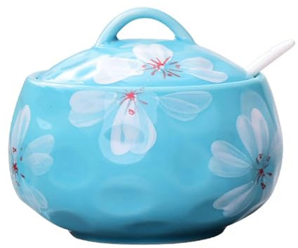 Pot à Sucre en céramique et Porcelaine avec Couvercle, sucrier à Motif imprimé Solide avec cuillère, Pot à épices, Rangement de décoration de Cuisine - Bleu