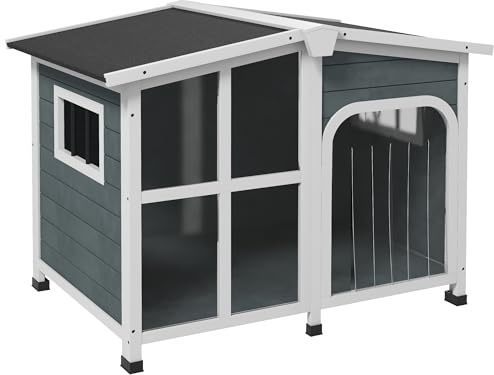 PawHut Cuccia per Cani da Esterno in Legno, Casetta per Cani con Tenda Protettiva, Finestra e Tetto Apribile, Cani Taglia Media max. 20 kg, 101x66.5x70.5cm, Grigio Scuro