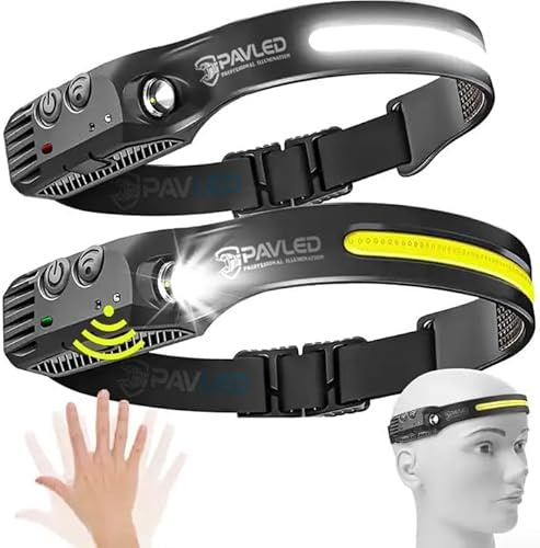 PAVLED Head Torch Rechargeable, LED Headlamp Motion Sensor Headtorch 230° Widen View & 5 Modes, Hands-Free IPX4 Waterproof Head Lamp for Cycling Fishing Running