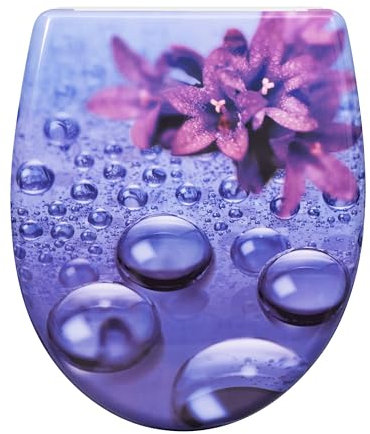 eSituro Abattant de Toilette, Siège WC en Forme de O à Fermeture Douce, Montage par le Haut, Déverrouillage Rapide, Charnières Réglables à 360°, en Duroplast, Violette et gouttes d'eau