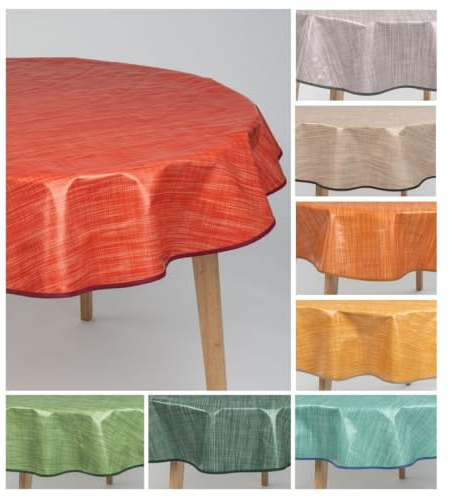 laro 140cm Runde Wachstuch Tischdecke Abwaschbar mit Saum-Eingefasst-Paspelband, Leinenoptik Rot Orange, PVC Material