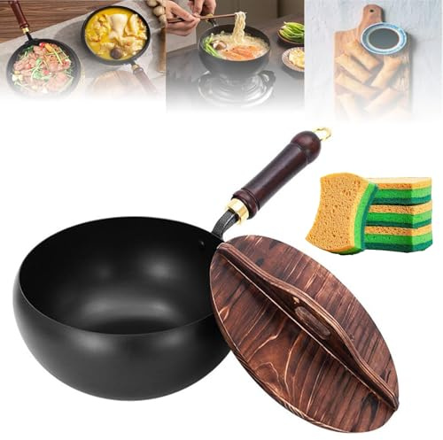 Uncoated Iron Pan,Chinese Boiling Non Stick Skillet General Cooking Induction Cooker Gas Stir Fry Pan Round Bottom Wok,Wok with Lid (28cm Smooth)