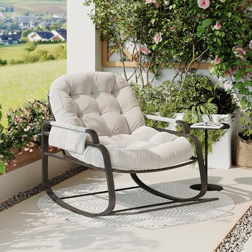 Skandinavischer Schaukelstuhl Stillstuhl Skandinavischer Freizeitstuhl Bezug aus wasserdichtem Stoff mit Ruhe Metallrahmen für Wohnzimmer Schlafzimmer Innenhof (Beige-5)