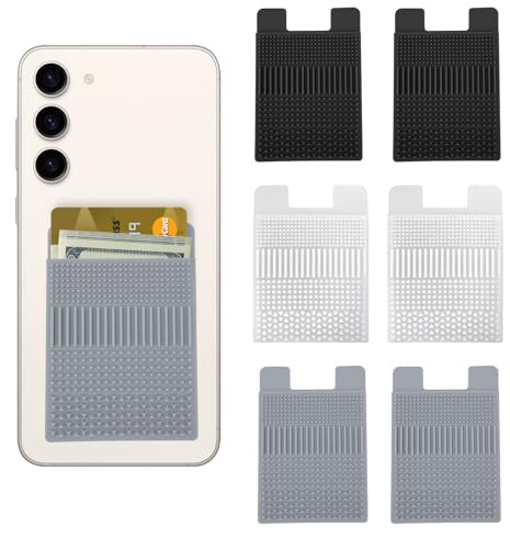 Fatiya 6 Pieces Silicone Textured Phone Wallet Stick on, Adhesive Phone Pocket Card Holder, Sticky Cellphone Wallet for Back of Smartphone Case Work Travel Stress Relief (Black, Gray, and White)
