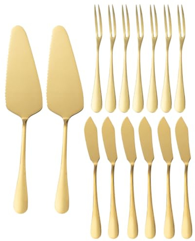 Housoutil Ensemble de 14 Pièces Doré en Acier Inoxydable Comprenant 2 Pelles à Gâteau Dentelées 6 Fourchettes à Fruits et 6 Couteaux à Beurre Outil de Service pour Pâtisserie et Dessert