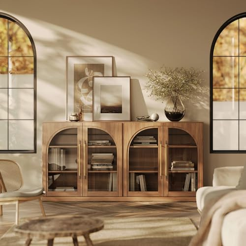 BELLEZE 65 Arched Sideboard with Glass Door, Accent Buffet Cabinet with Storage and Adjustable Shelves, Classic Modern Large Console Table for Dining Room Living Room Entryway (Camel)