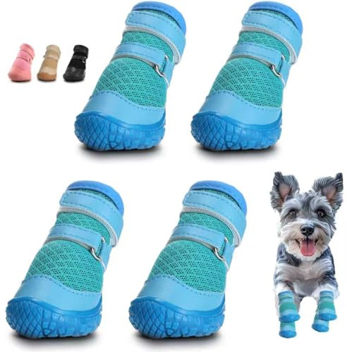 Dog Shoes for Small Dogs, Dog Boots & Paw Protectors for Hot Pavement Winter Snow Hiking, Anti-Slip Dog Booties for Hardwood Floor Blue Size 2