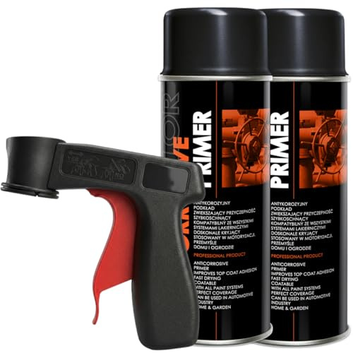 Craft-Equip DC 2er Sparpack Lackspray nach RAL in 400ml zur Lackierung von Auto Stahl Aluminium Beton Holz und Haltegriff (2 Dosen Grundierung schwarz 400ml + Haltegriff)