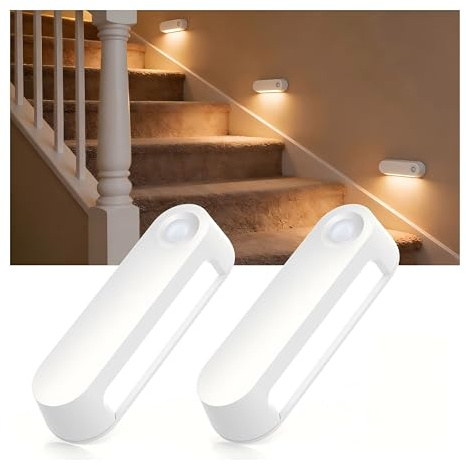 Fuligent Motion Sensor Night Light Indoor, 1800mAh Rechargeable Battery Operated Stair Lights, 3000K Warm White Wireless Cabinet Lighting for Hallway, Closet, Bedroom, Kitchen, 2 Pack