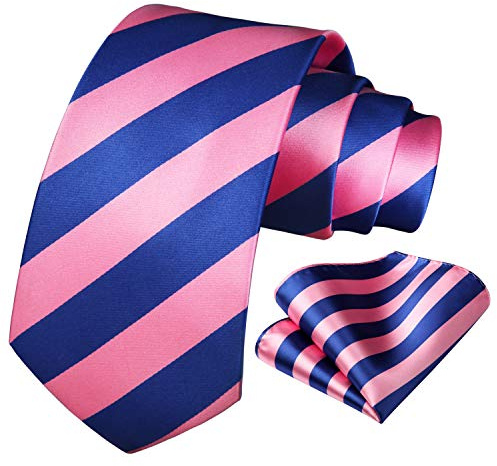 HISDERN Corbata Rosado Hombre Rayas Corbatas y Panuelo de Bolsillo