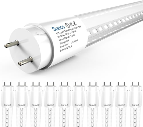 Sunco 10 Pack T8 LED Bulbs 4 Foot, LED Fluorescent Tube Replacement, 4ft LED Tube Light, Ballast Bypass, 2200 LM, 18W, 6000K Daylight Deluxe, Single Ended Power, Clear Lens, UL